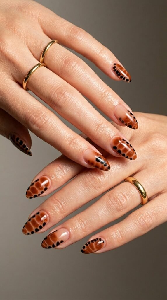 Animal texture alligator and tortoiseshell nail art for fall nail trends 2026 with tactile 3D finish