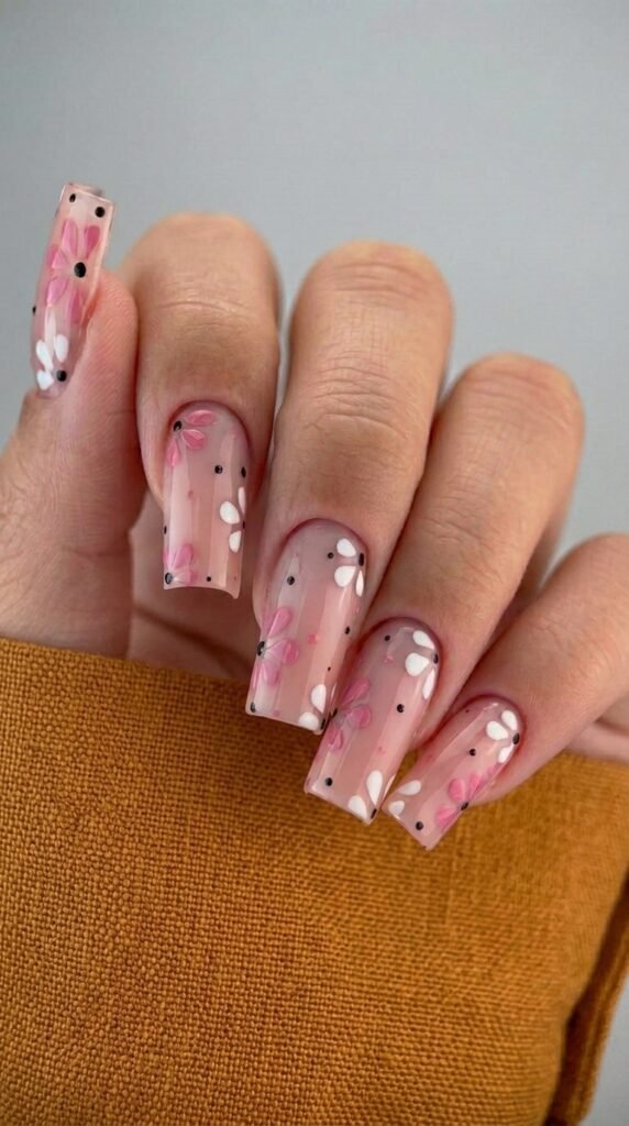 Blush pink watercolor floral square nail art with matte finish for summer 2026
