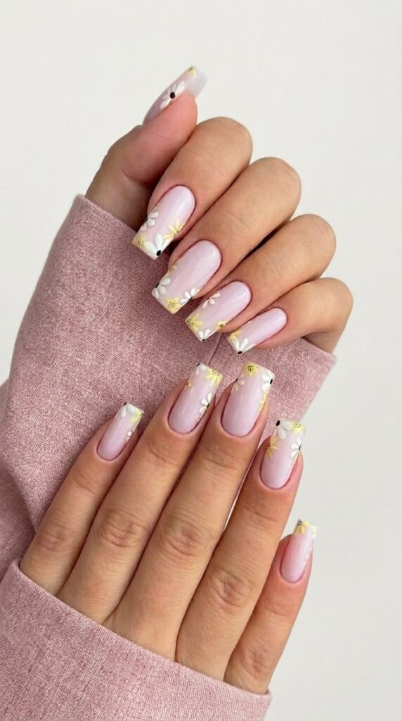Blush pink square gel nails with dainty white floral accents – simple chic summer gel nail ideas