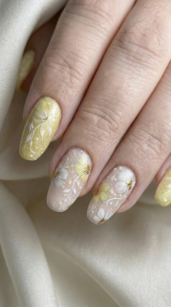 Pastel pink dotted blossom almond gel nails – cute chic summer gel nail ideas short 2026