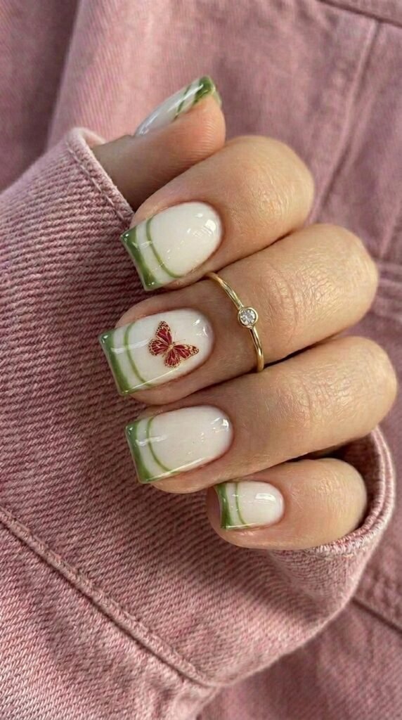 Double sage green French line minimalist square gel nails – elegant chic summer gel nail ideas