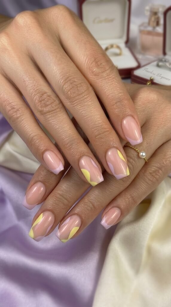 Funky pastel French tip nails with lilac and yellow swirls for summer 2026