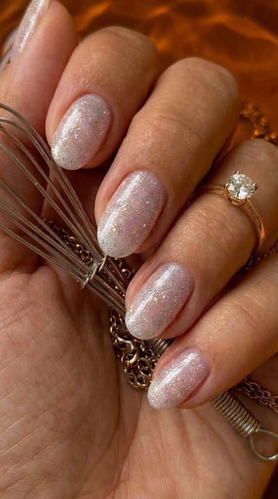 Glowing white pearl shimmer oval gel nails – chic summer gel nail ideas 2026