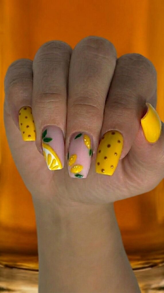 Hand-painted lemon and polka dot summer square gel nails – chic summer gel nail ideas 2026
