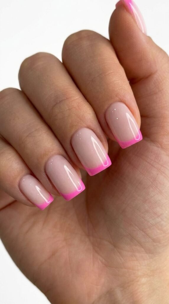 Hot pink French tips on milky square gel nails – trendy chic summer gel nail ideas 2026