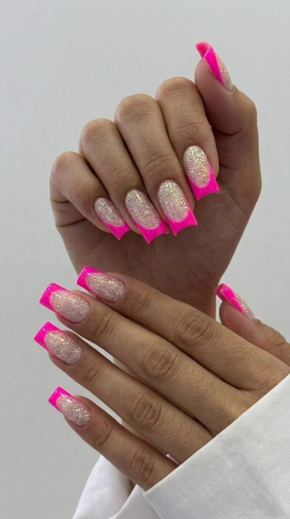 Hot pink glitter French tips on XL square nails for bold summer 2026 look