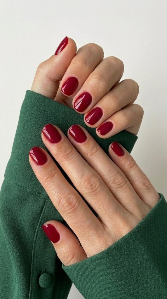 Juicy cherry red nail polish manicure for fall nail trends 2026 with glossy finish
