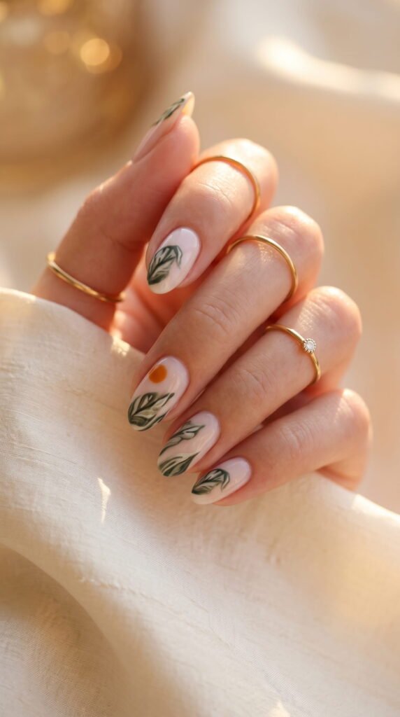 Milky pink nails with hand-painted green botanical leaf art and orange accent dot