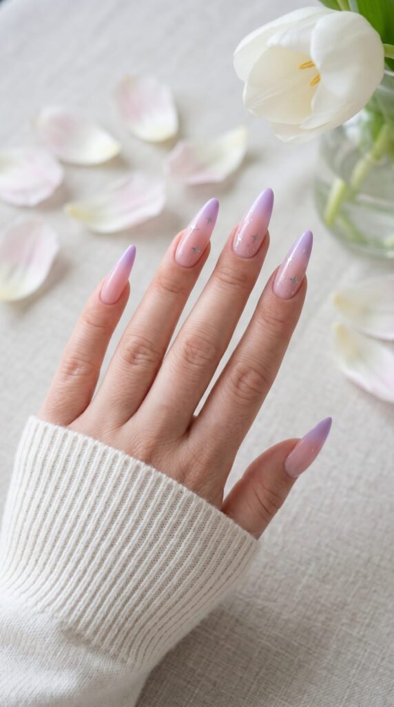 Burgundy oval nails with white abstract stripes and gold stud accents