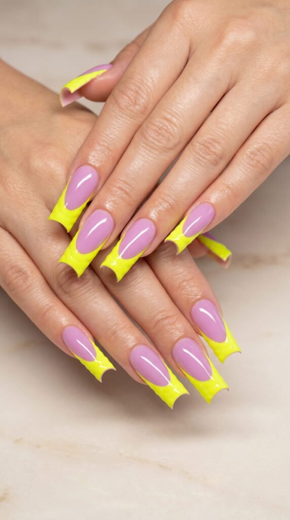Pink nails with neon yellow French tips featuring reptile scale texture