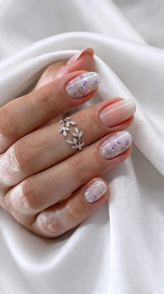 Almond shape pink ombré nails with gold foil flecks and tiny floral details