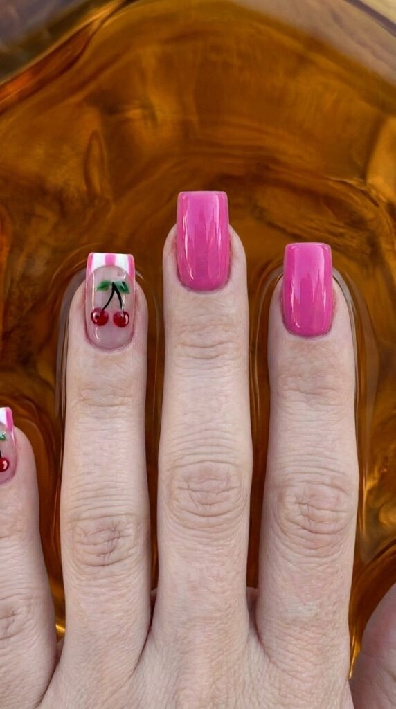 Pink French tip nails with cherry art accent on medium square shape for summer 2026
