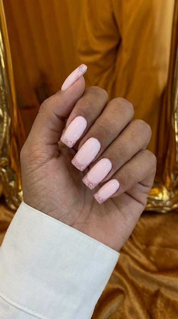 Baby pink glitter French tip square gel nails – chic summer gel nail ideas with shimmer