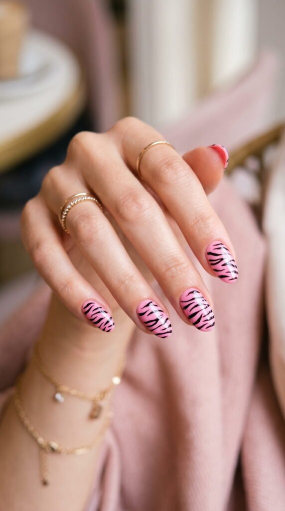 Oval pink nails with hand-painted black and white zebra stripe pattern