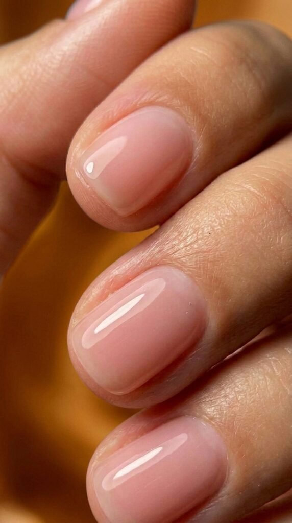 Quiet neutral jelly pink manicure for fall nail trends 2026 with sheer subtle finish
