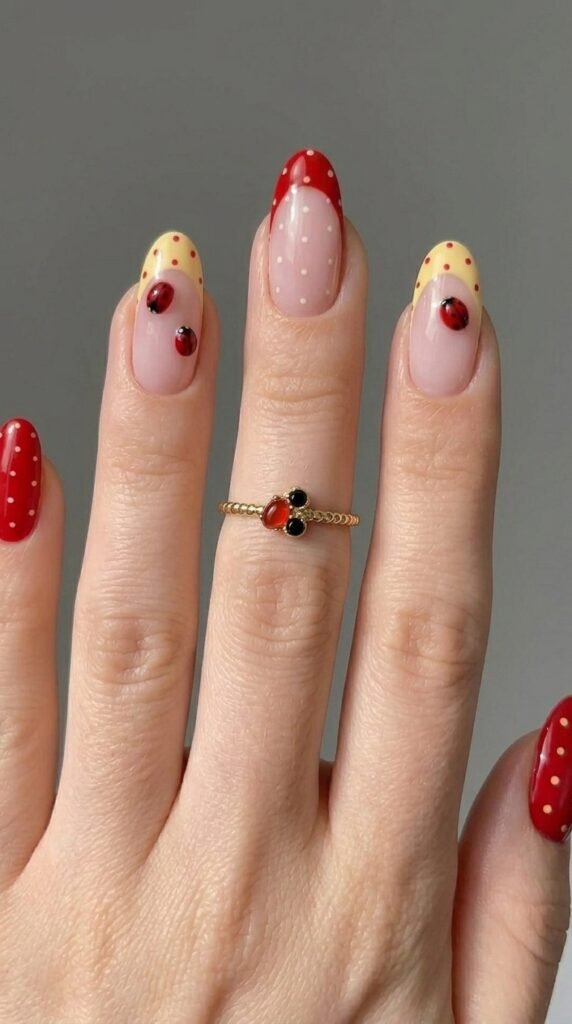Red and yellow polka dot ladybug nails on oval French tip for summer 2026
