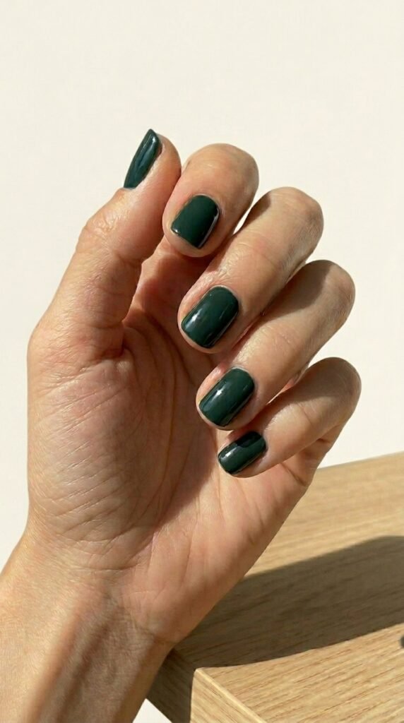 Rich jewel tone forest green manicure for fall nail trends 2026 with deep sophisticated finish