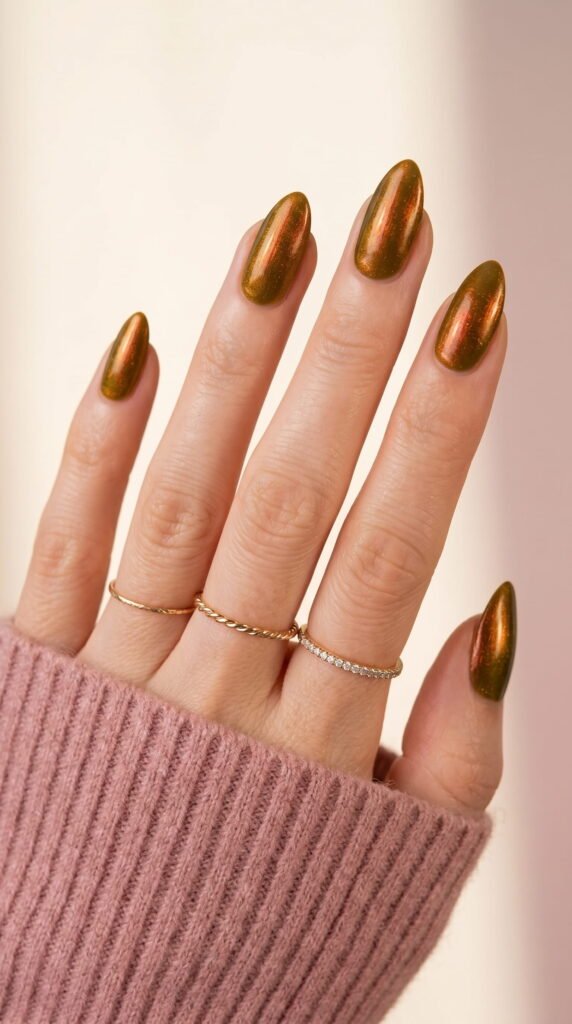 Almond shape nails in shimmering olive green with copper undertones