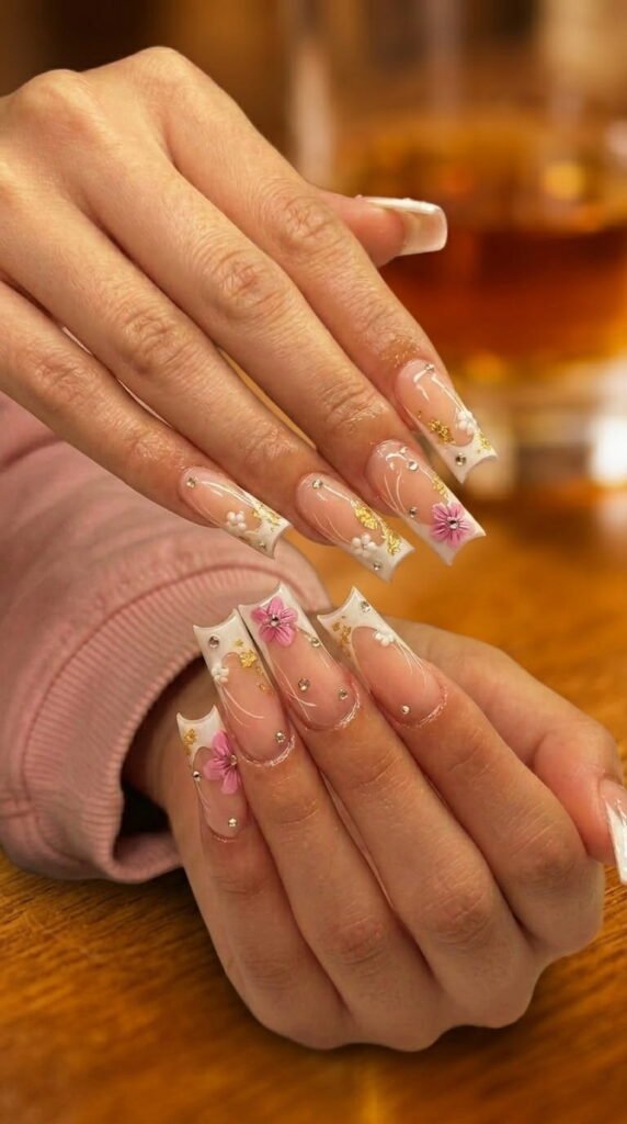 Sculptured 3D flower coffin French gel nails – chic summer gel nail ideas for long nails