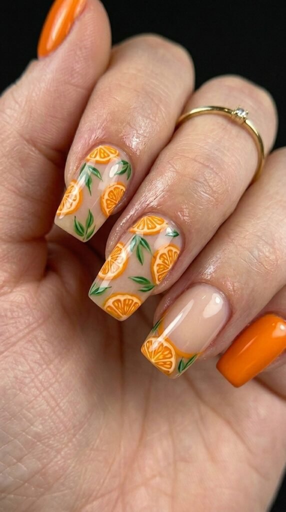 Vibrant orange citrus slice nail art on square nails for summer 2026