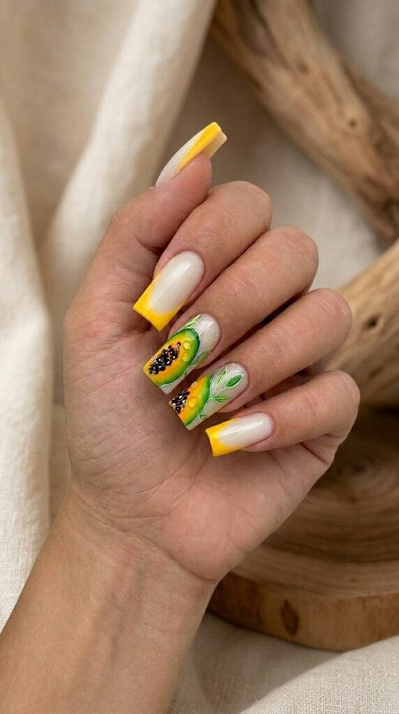 Vibrant papaya fruit jelly nails with yellow French tips for summer 2026