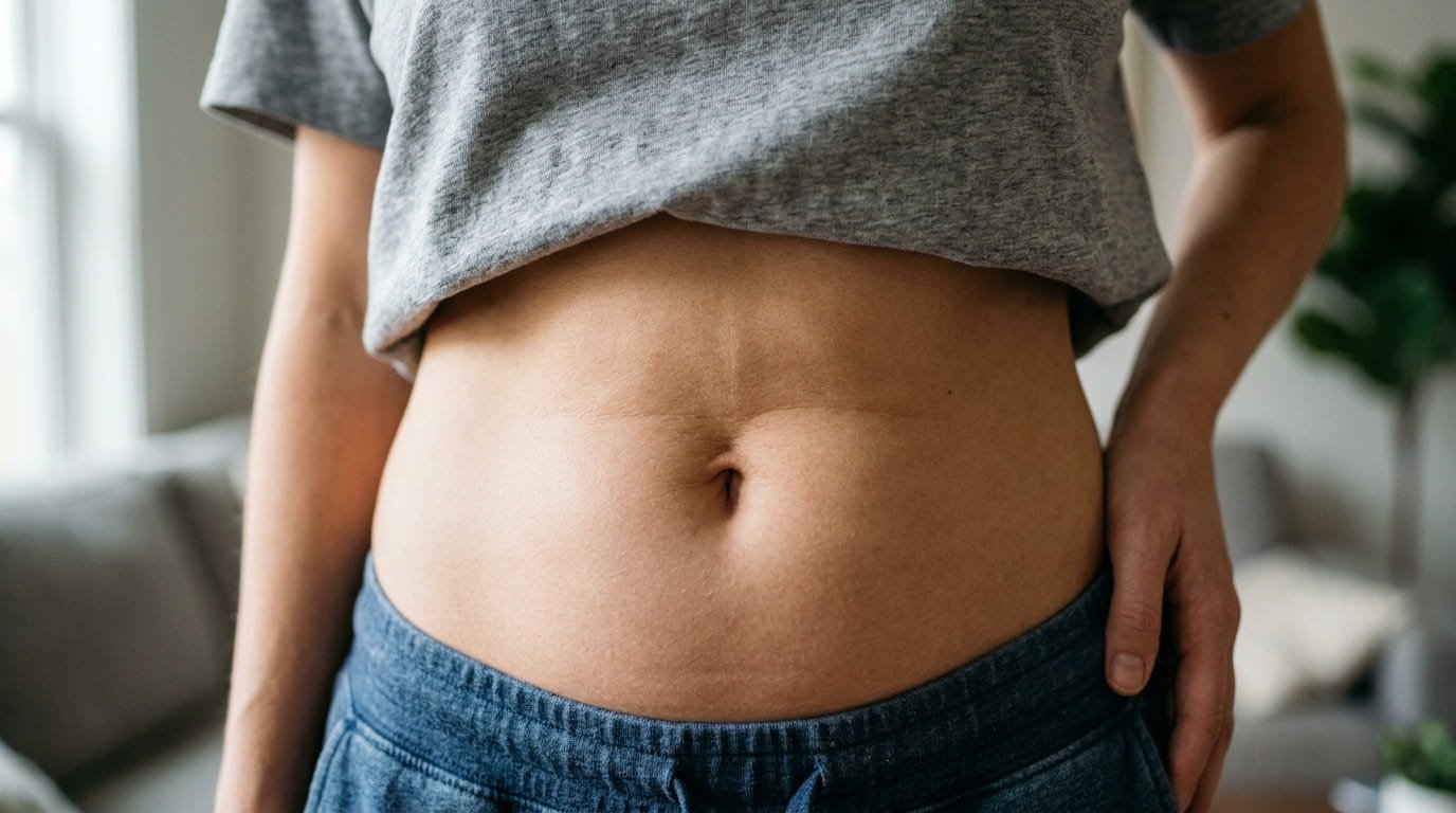 Close-up of a person’s midsection wearing a gray t-shirt and blue drawstring pants, with one hand resting on the hip.