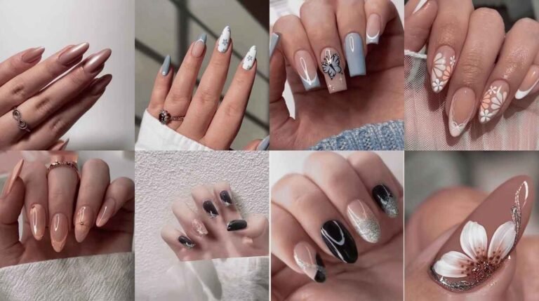 Eight nail art design ideas in pink, blue, peach, navy and floral styles