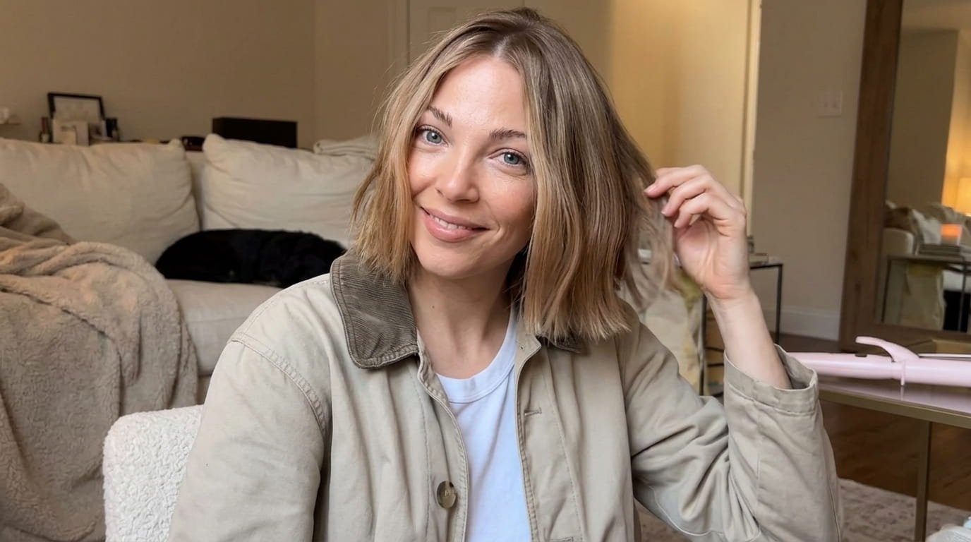 Smiling woman with a shoulder-length blonde bob and honey highlights, touching her hair, wearing a beige corduroy-collar jacket over a white tee in a cozy living room
