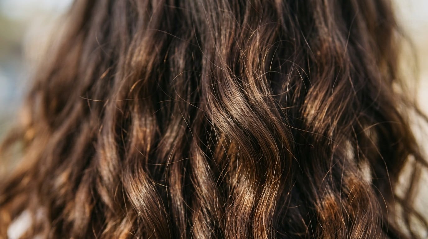 Close-up of long, wavy dark brown hair with warm caramel highlights catching the sunlight