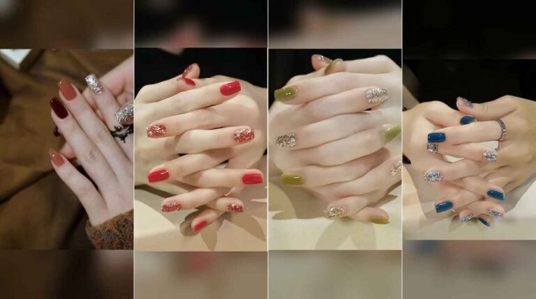 Four nail art design ideas in burgundy, red, olive green and deep blue with glitter accents