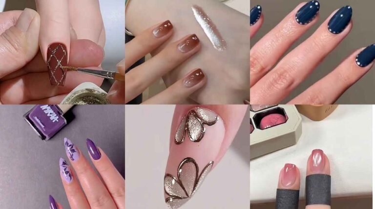 Six nail art design ideas with glitter, ombre, dots and floral styles