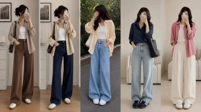 Five wide-leg pants outfit ideas with layered shirts and white sneakers