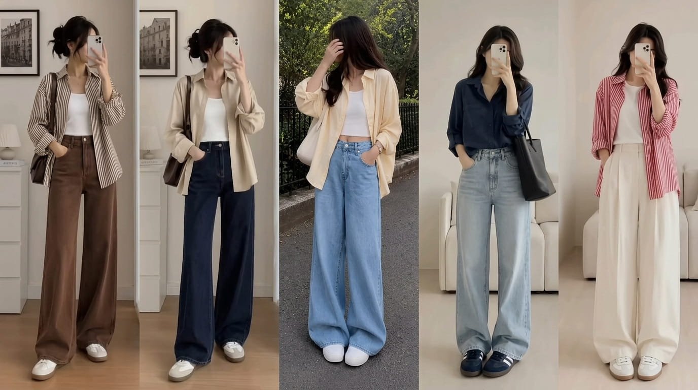 Five wide-leg pants outfit ideas with layered shirts and white sneakers