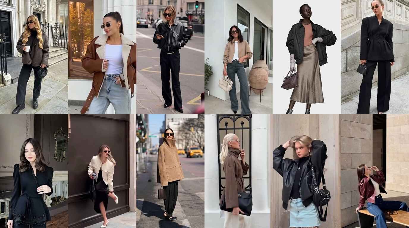 Twelve fall jacket outfit ideas in leather, shearling, suede and black tailoring