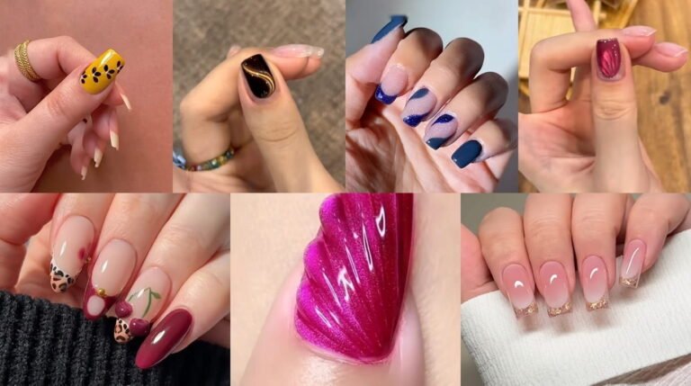 Seven nail art design ideas with florals, cat eye shine, cherries and gold foil