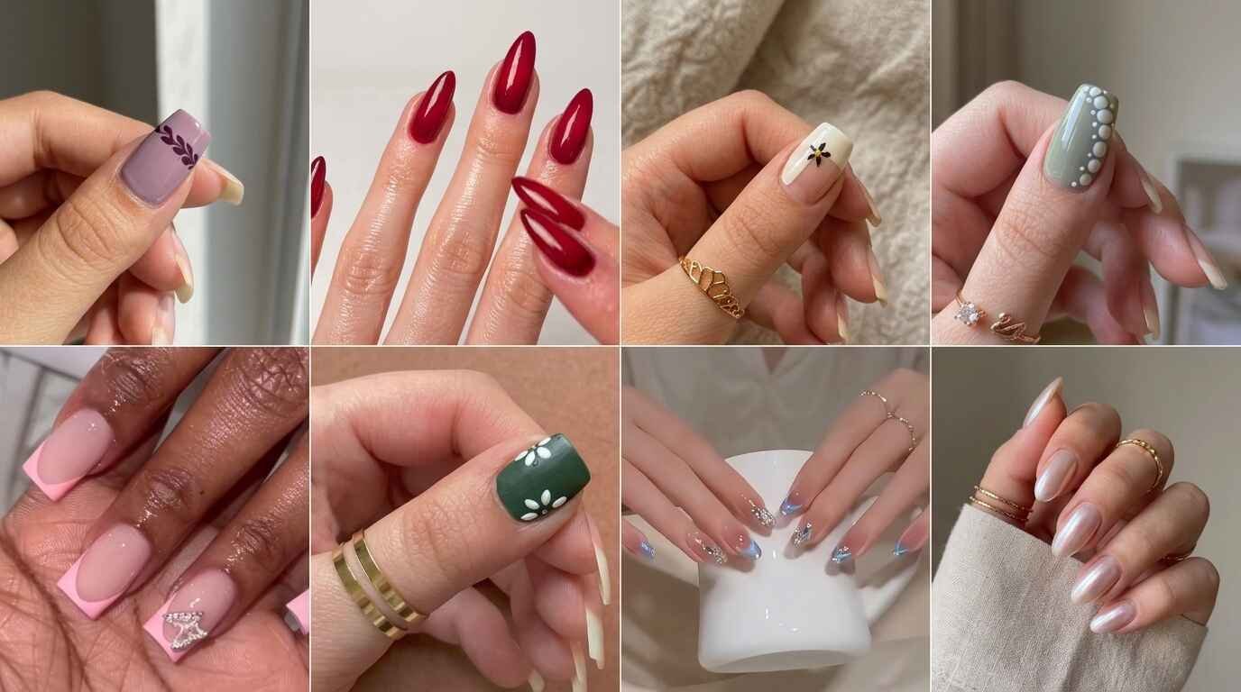 Seven nail art design ideas with leaves, daisies, pearls and chrome tips