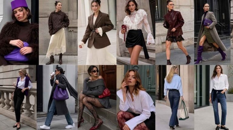 Collage of twelve fall outfit ideas: a brown fur jacket with a purple hat and clutch, a cable-knit sweater with a lace-hem slip skirt, a belted tweed blazer, a lace blouse with a black satin skirt, a burgundy leather jacket, purple boots with a houndstooth coat, a purple vest with black trousers, a gray coat with a purple woven bag, a gray off-shoulder sweater with lace tights, a white oversized shirt with burgundy tights, light blue sweater with flared jeans, and a white shirt with a navy sweater tied at the waist