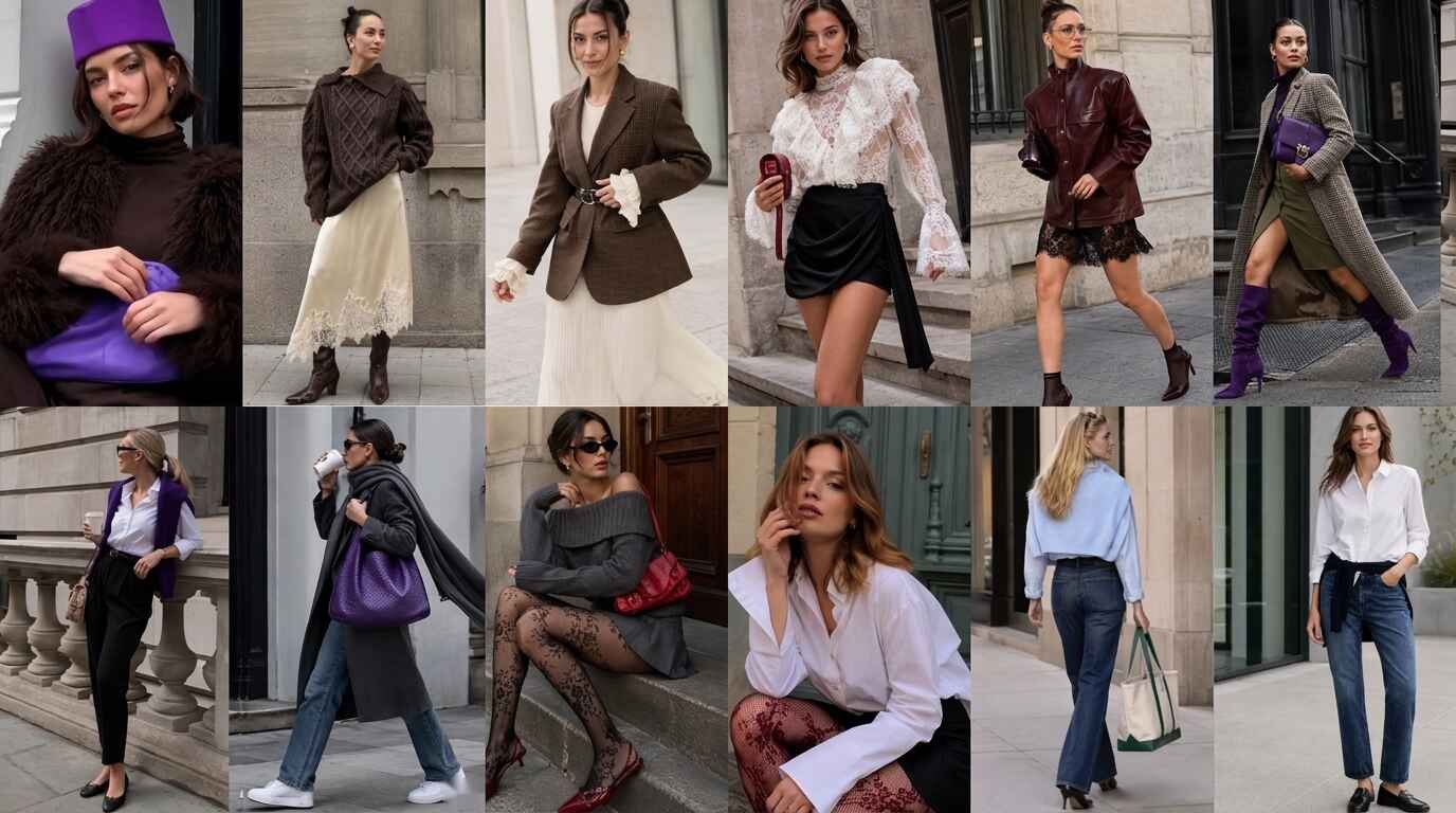 Collage of twelve fall outfit ideas: a brown fur jacket with a purple hat and clutch, a cable-knit sweater with a lace-hem slip skirt, a belted tweed blazer, a lace blouse with a black satin skirt, a burgundy leather jacket, purple boots with a houndstooth coat, a purple vest with black trousers, a gray coat with a purple woven bag, a gray off-shoulder sweater with lace tights, a white oversized shirt with burgundy tights, light blue sweater with flared jeans, and a white shirt with a navy sweater tied at the waist