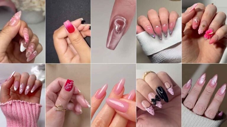 Ten pink nail designs with flowers featuring soft pastel shades, delicate floral patterns, rosy French tips, and elegant manicure ideas for a fresh, feminine look.