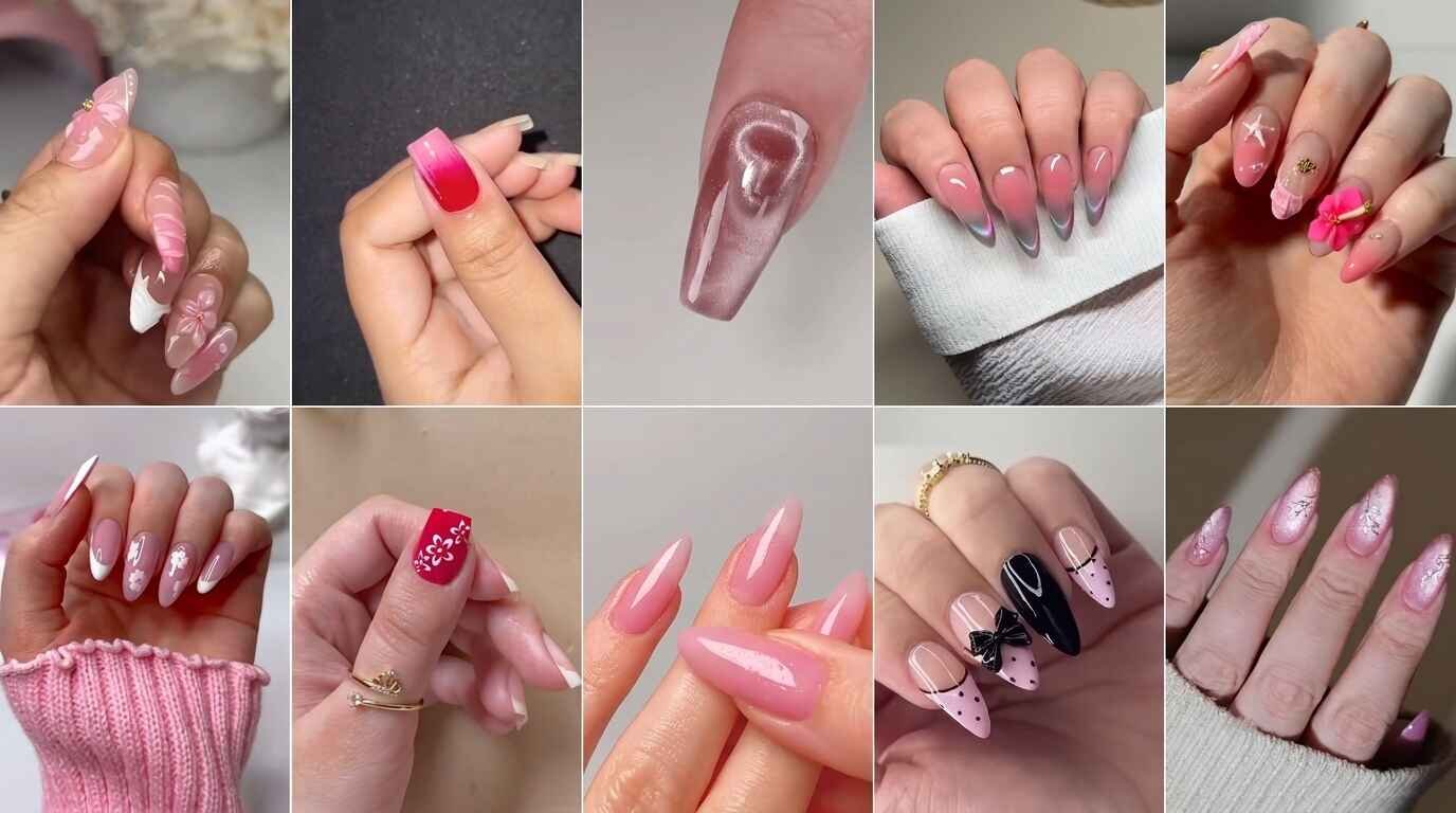 Ten pink nail designs with flowers featuring soft pastel shades, delicate floral patterns, rosy French tips, and elegant manicure ideas for a fresh, feminine look.