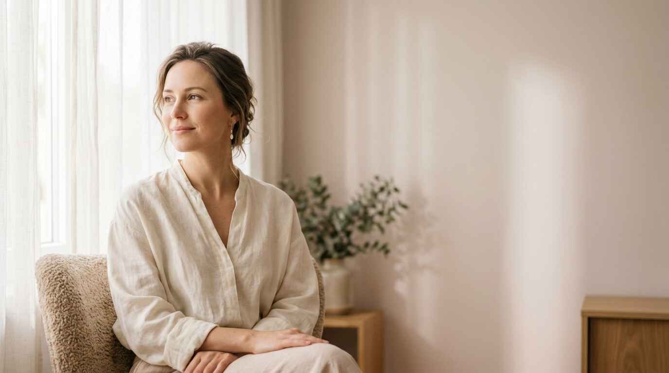 Graceful woman in a cream blouse enjoying tea by a sunny window, showing calm feminine and elegant daily habits