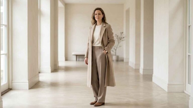 Elegant woman in a neutral beige coat standing with calm confident posture in a marble lobby, showing signs of true class