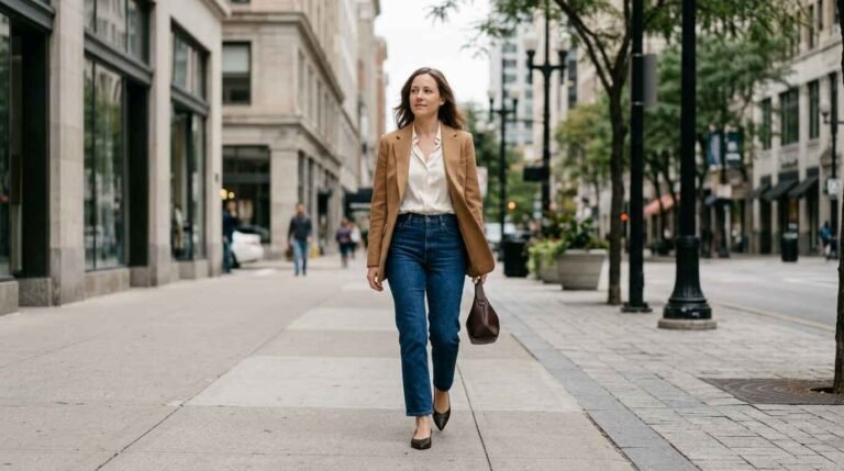 Woman styling high-waisted jeans elegantly with a silk blouse, camel blazer and pointed flats on a city sidewalk