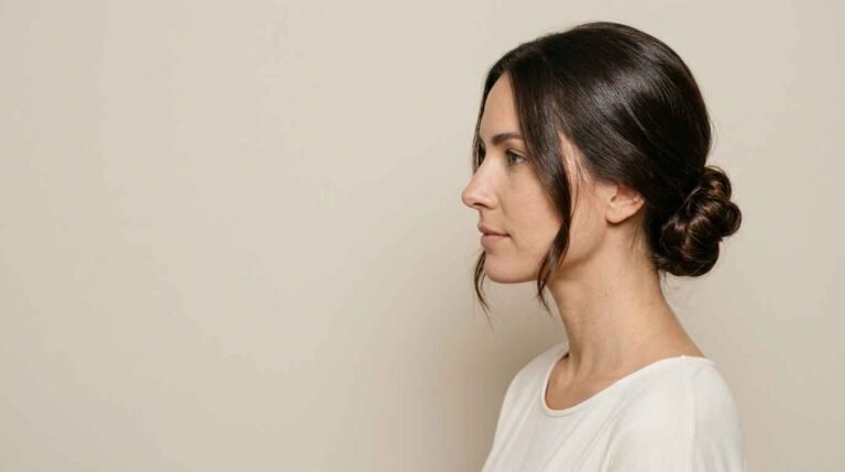 Side profile of a woman with a sleek low chignon and a pearl hairpin, showing a timeless elegant hairstyle