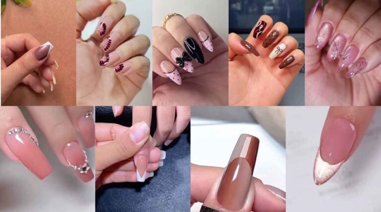 Nine nail art design ideas in pink, brown, burgundy and metallic styles