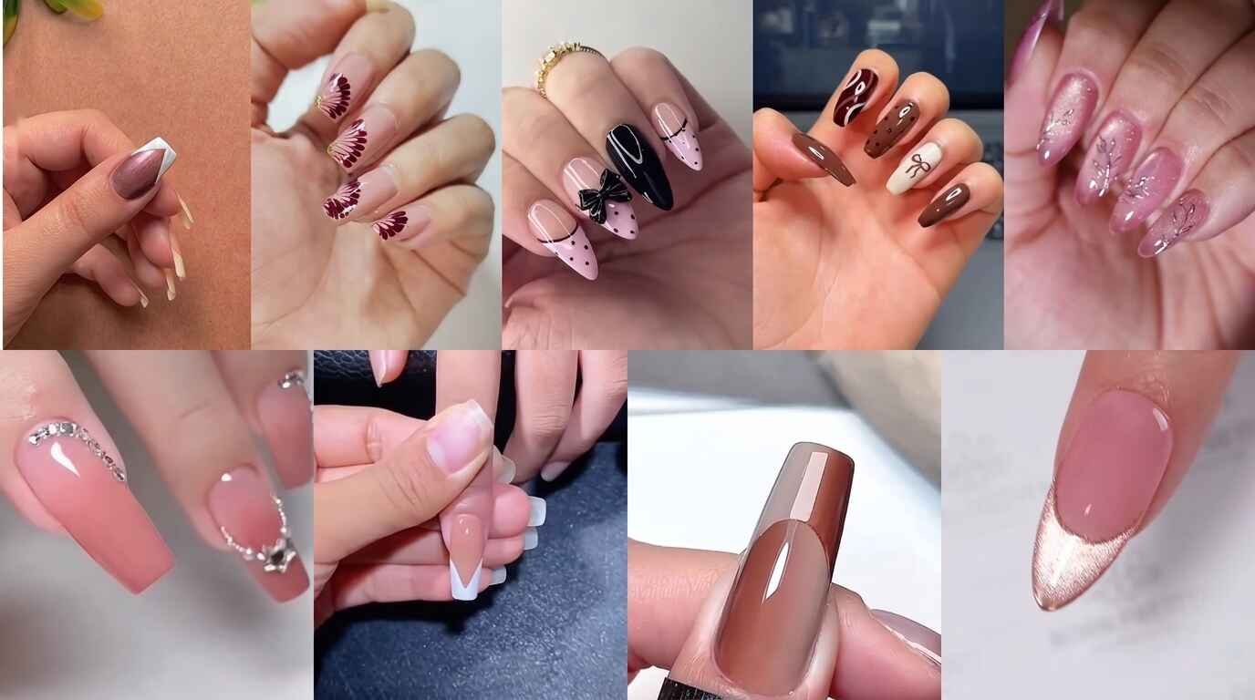 Nine nail art design ideas in pink, brown, burgundy and metallic styles