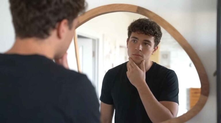 Young man with tousled dark brown hair touching his chin as he studies his reflection in an oval wooden mirror, wearing a black t-shirt