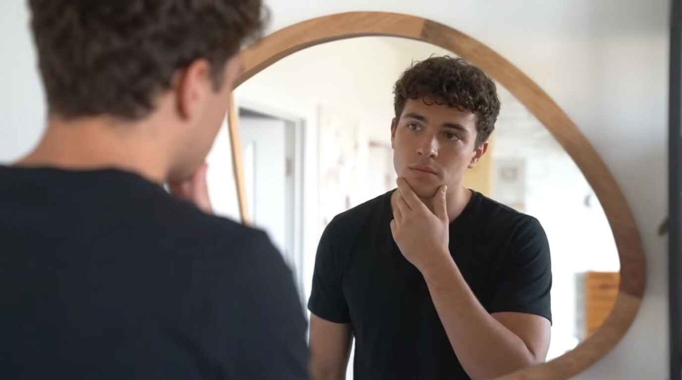 Young man with tousled dark brown hair touching his chin as he studies his reflection in an oval wooden mirror, wearing a black t-shirt