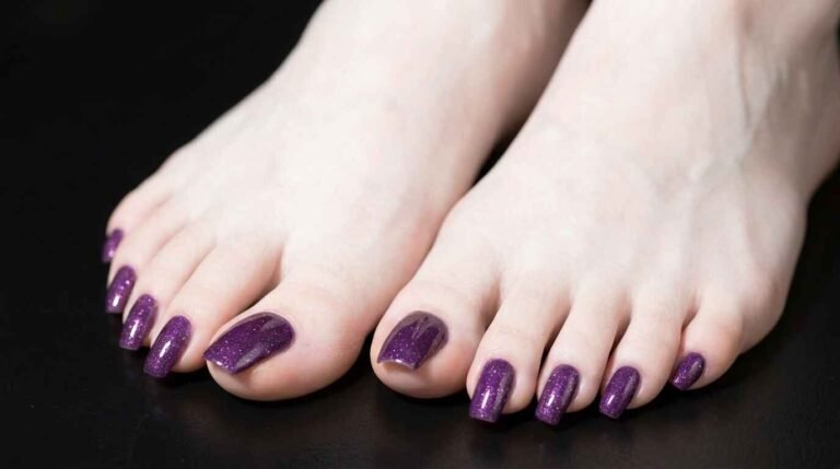 Close-up of a pair of bare feet with glossy, glittery purple nail polish on the toenails, set against a dark background